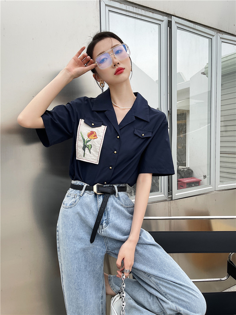 Summer Fashion Royal Blue Shirt Wome Short Sleeve Patch Button Up Collared Lapel Casual Top And Blouse 210427