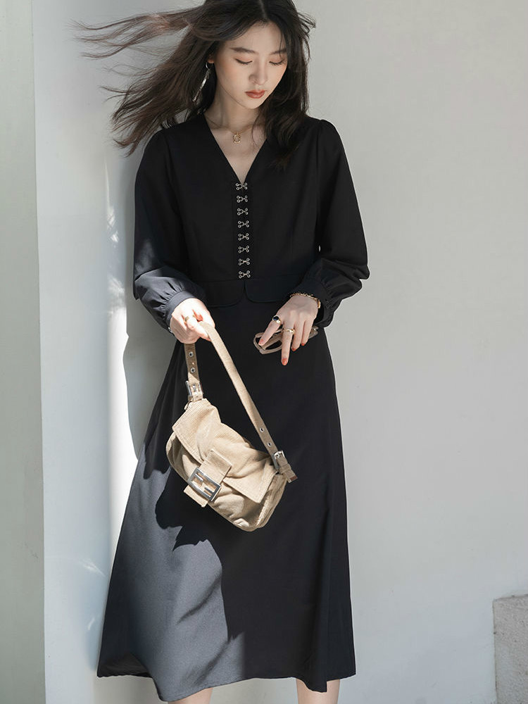 Elegant Dress Women V-Neck Long Sleeve Casual Dress Korean Hepburn Black Vintage Dress Female Autumn Office Lady 210521