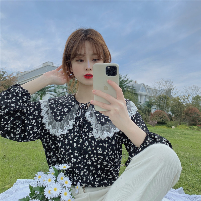 Shirts & Blouses Sweet Chic Puff Long Sleeve Blue Floral Blouse Women Peter Pan Collar Tops Blusas Mujer De Moda Japan Style 210429