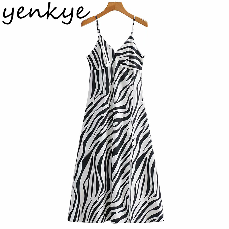 Vintage Zebra Striped Sling Sexy Dress Women V Neck High Waist A-line Casual Long Female Summer Night Out Vestido 210430