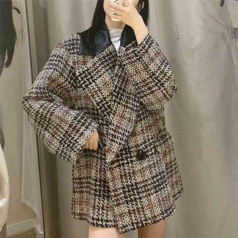 Vintage Women Faux Leather Notched Collar Blazers Fashion Ladies Woolen Plaid Jacket Streetwear Female Chic Loose Coat 210430