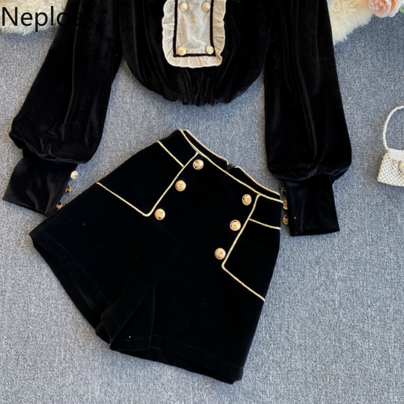 Neploe Two Piece Outfits for Women Temperament Korean Suit OL Vintage Tops Slim Short Pants Femme Roupas Chic 2 Piece Set 4H192 210422