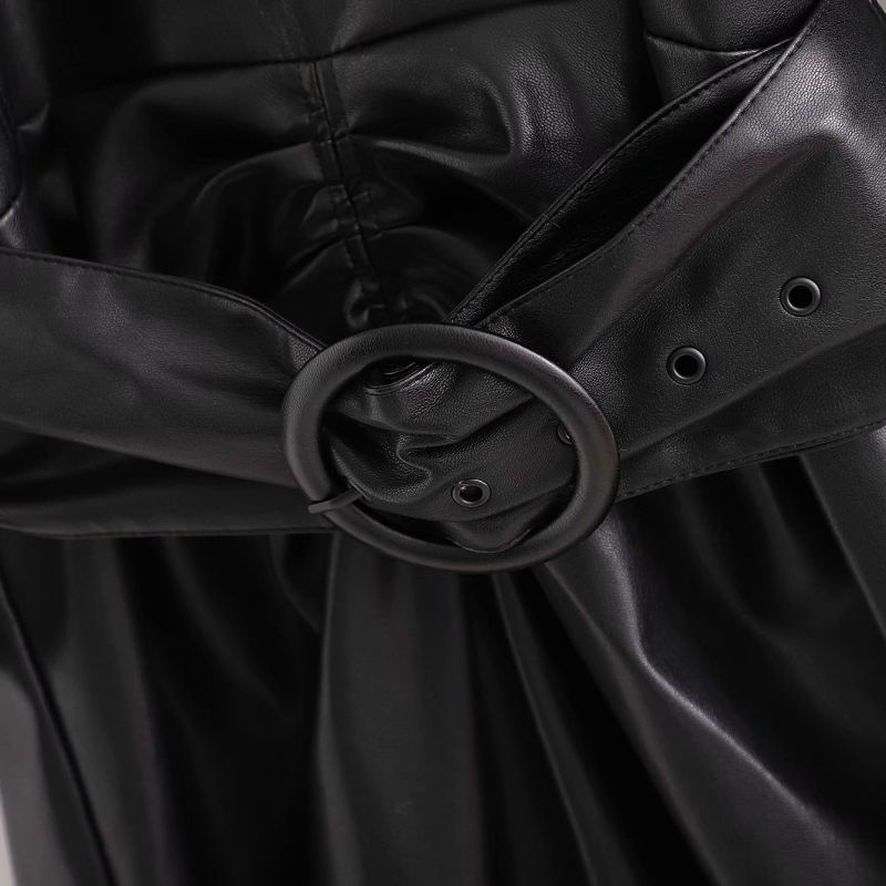 Vintage Woman Black Leather Sashes Long Dress Fashion Ladies Fall Sleeve Pu es Female Cool Solid Color 210515