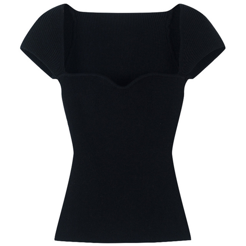 Spring Square Collar Knitted Women T-Shirts Slim Irregular Long Sleeve Sexy Female T-Shirt Summer Solid Elastic Ladies Top 210406