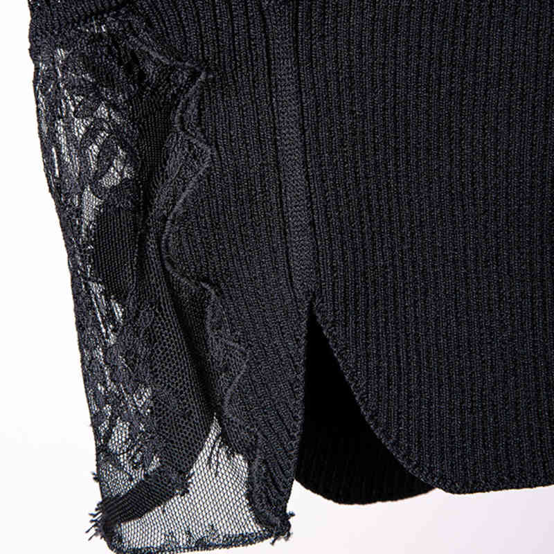 DEAT New Spring Autumn Fashion Casual Simple Slimsexy High Waist Lace Stitching Long Sleeve Bottom Knitted Top Women SG607 210428