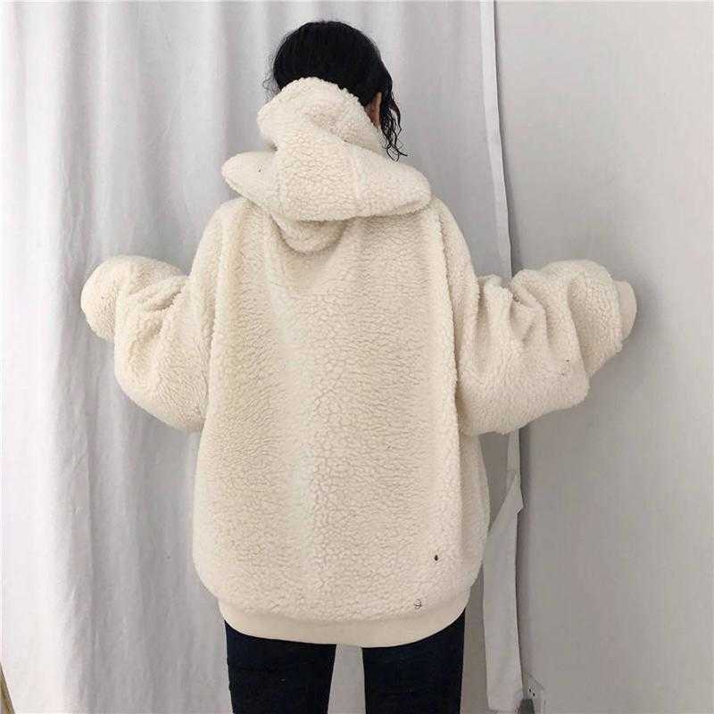 Winter Lamb Plush Warm Ladies Pullover Solid Color White Plus Velvet Thickening Casual Loose Lantern Sleeve Women Hoodie 210809