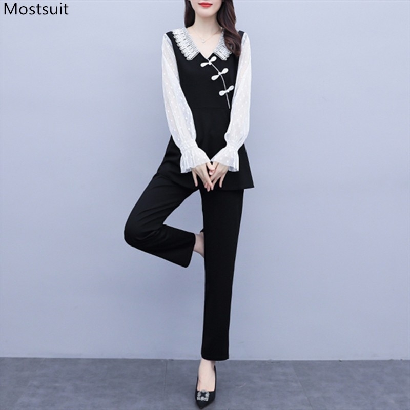 Spring Autumn Vintage Two Piece Set For Women Plus Size Long Sleeve Mesh Patchwork Tops And Elastic Pants Outfits Korean 210518, White
Spring Autumn Vintage Two Piece Set For Women Plus Size Long Sleeve Mesh Patchwork Tops And Elastic Pants Outfits Korean 210518, White