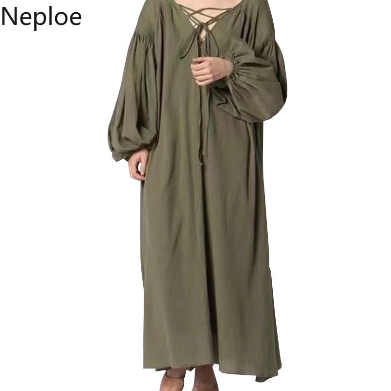 Neploe Japanese Vintage Maxi Dresses Fir Women Solid Color Bandage Sexy V-neck Vestidos Puff Sleeve Loose Robe Blackless Dress 210422