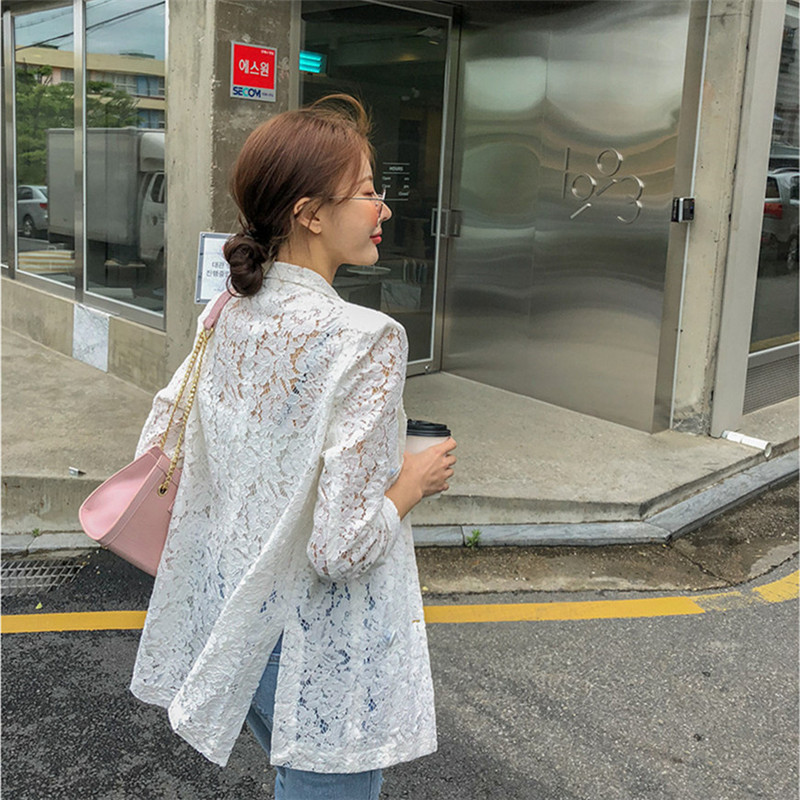 Double-breasted Sunscreen Lace Blazers Women Summer Office Lady Solid Minimalist OL Suit Jacket Tops Plus Size 210421