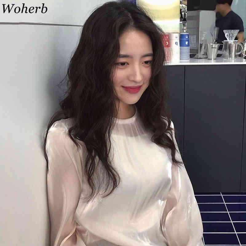 See Through Shirts Women Spring Summer Solid Long Puff Sleeve Ladies Blouses Loose Casual Female Tops 210519