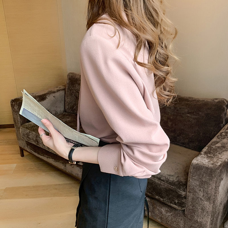 Early Spring Loose Slim Long Sleeve Women's Shirt Pink Office Lady Style Women Tops and Blouses with Tie Blusas Mujer 13047 210427