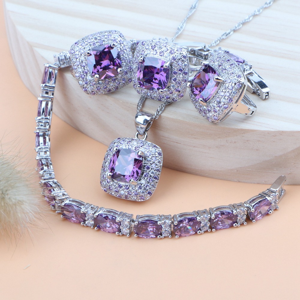 Silver 925 Women Jewelry Sets Purple Cubic Zirconia Jewelry Wedding Bridal Pendant Rings Earrings Bracelet
