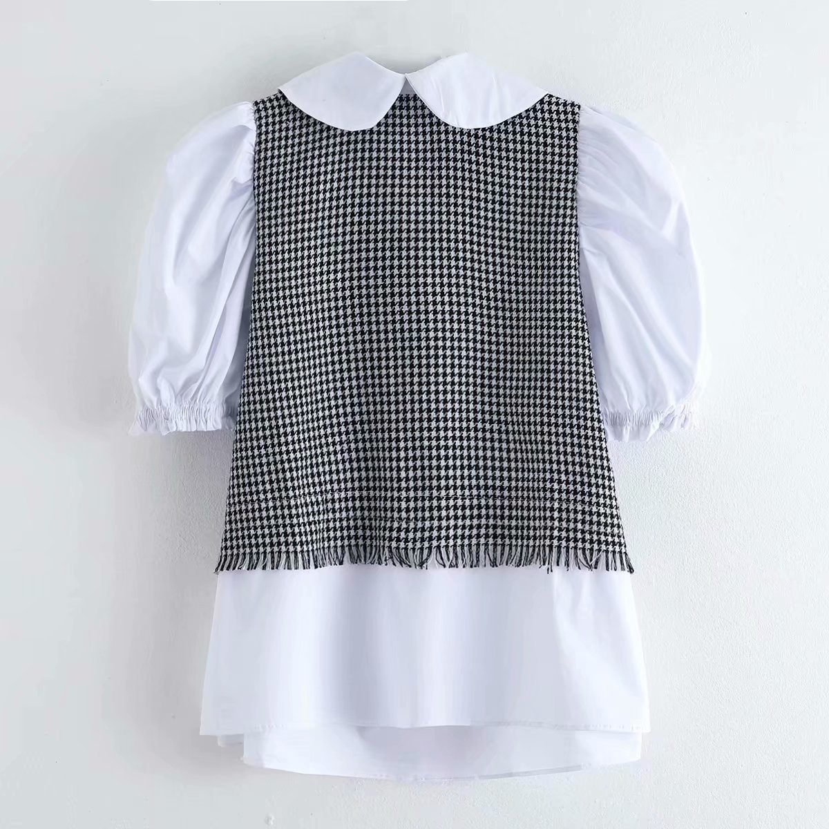 Spring Women Patchwork Tops Plaid Short Puff Sleeves Turn-Down Collar Shirt Chic Lady Fashion Casual Clothes 210517