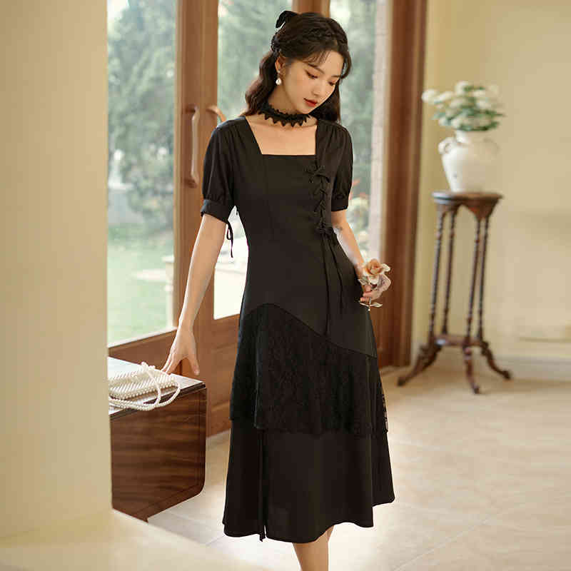 Summer Square Collar Slim Thin Dress Women Short Sleeve Elegant Vintage Dress Lace-up Dress Korean Bandage Chic 210521