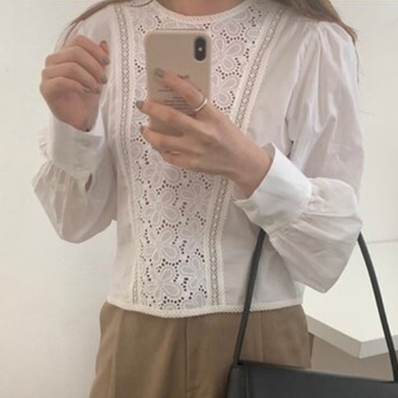 Fashion Hollow Out Lantern Sleeve Female Shirt Office O Neck Floral Women Blouse Spring White Shirts Clothing 13271 210508