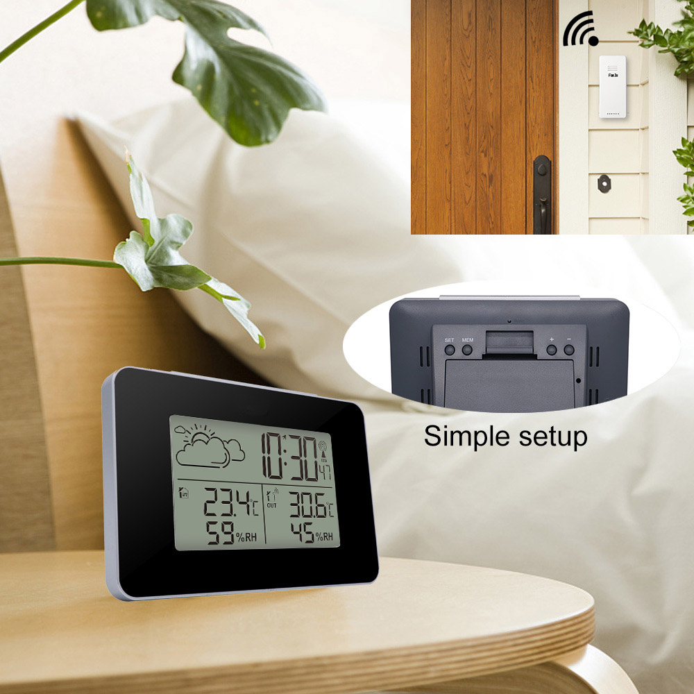 Digital Alarm Clock Weather Station Wireless Sensor Hygrometer Thermometer Watch LCD Time Desktop Table Clocks Show Indoor Outdoor Temperature Humidit
