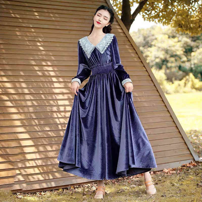 Plus Size Boho Autumn Vintage Velvet Elegant Long Midi Lantern Sleeve Dress Elastic High Waist Turn Down Collar 210421