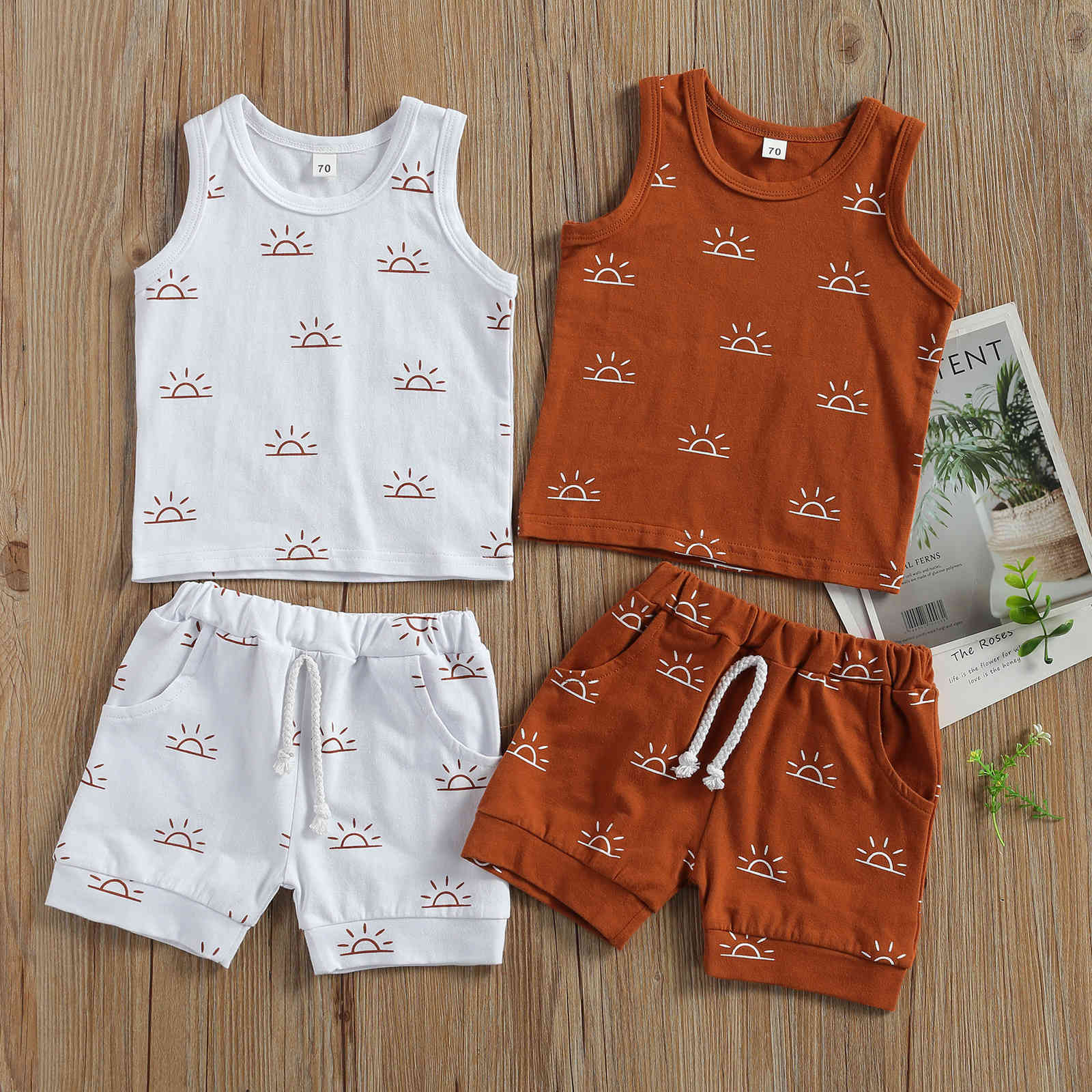 0-3Y Summer Infant Baby Kid Boy Girl Clothes Set Sun Print Sleeveless Vest Tops Shorts Outfits Casual Tracksuit 210515
