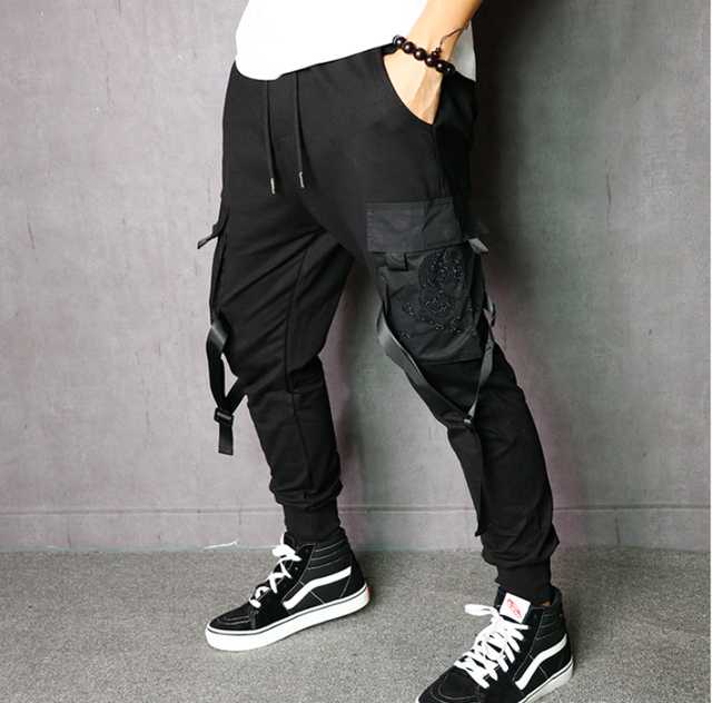 Spring/summer Men's Black Drilling Skulls Overalls Ribbon Leisure Waist Pocket Bundle Foot Support Elastic Slim Pants