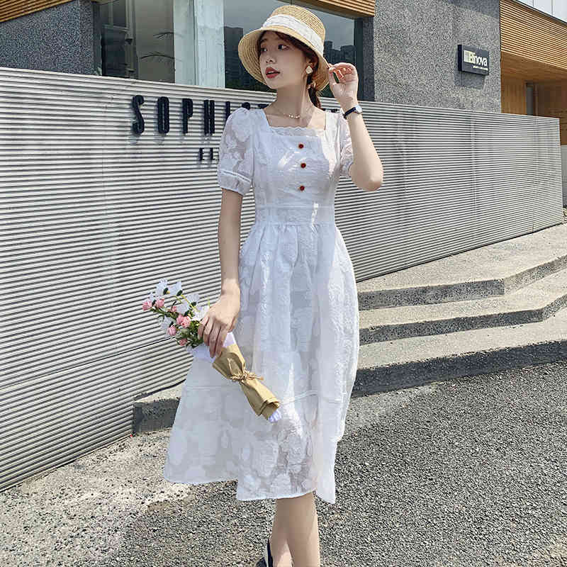 Summer Elegant Square Neck Puff Sleeve Fairy Dress Vintage Female French Slim Waist Casual Party Robe 210519