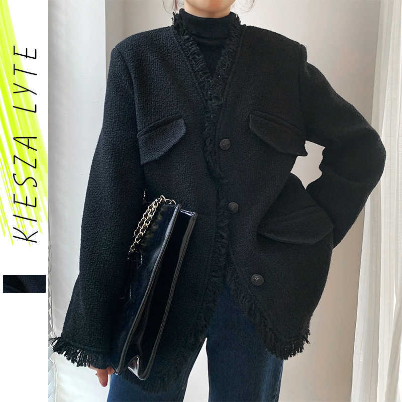 Black Woolen Suit Jakcet Woman Autumn Winter Casual Tassel Female Tweed Coat Outwear 210608
Black Woolen Suit Jakcet Woman Autumn Winter Casual Tassel Female Tweed Coat Outwear 210608