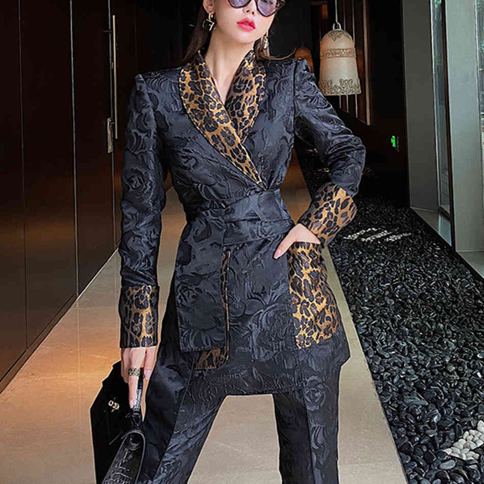 Summer Suit High Quality Leopard Print Lapel Belt Blazer + Jacquard Long Two-Piece Pants Sexy Office Lady Set 210525