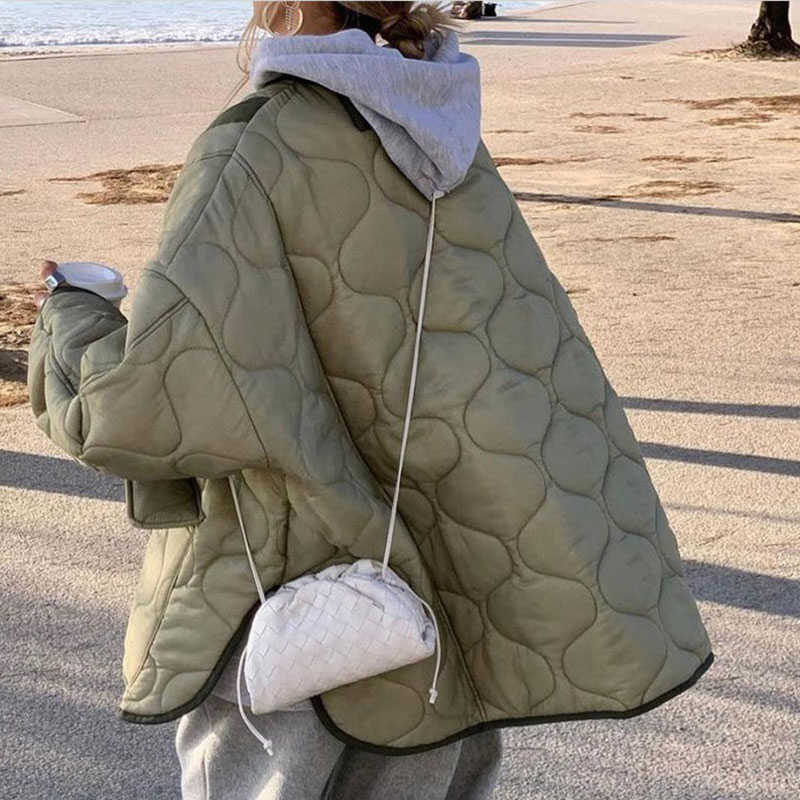 Women Army Green Winter Quilted Parkas Female Casual Long Sleeve Pocket Single Breasted Curved Hem Jacket Coat 211013