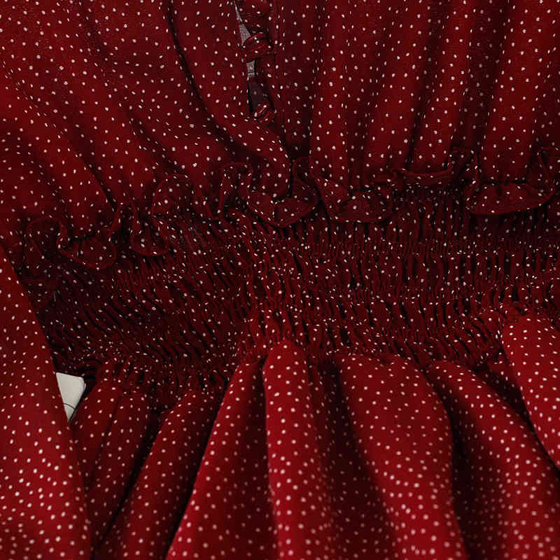 Autumn V Neck Polka Dot Slim Chiffon Dress Button Puff Sleeve High Waist Elegant Women Mid-calf Dress 210521
