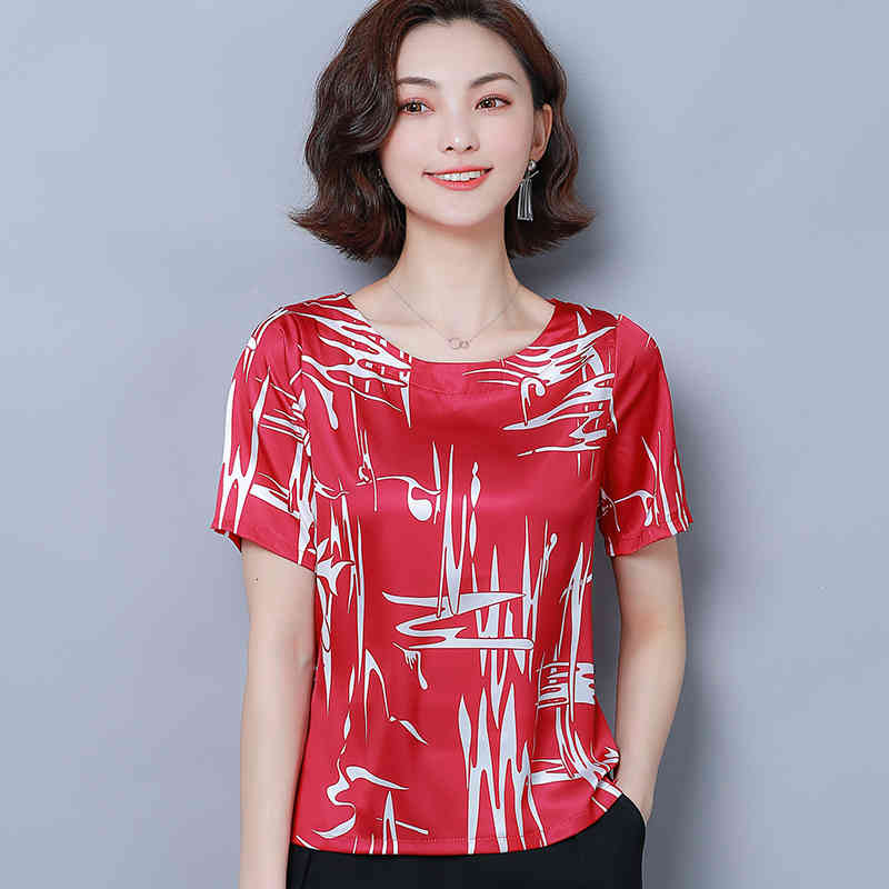 Blusas Mujer De Moda Style Short Sleeve Elegant Printed Satin Blouse Women O-neck Loose Versatile Fashion Tops 8682 50 210427