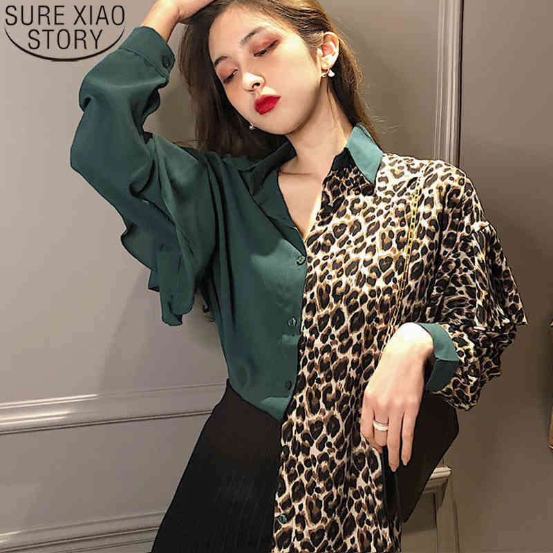 Vintage Shirt Casual Loose Ruffles Tops Fashion Leopard Blouse Women Long Sleeve Spliced Sexy Female Clothes Blusas 12050 210506