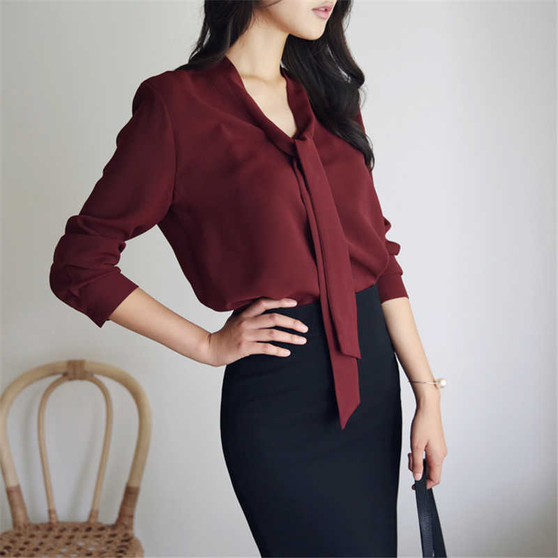 Neploe New Women Chiffon Shirt 2019 Spring V-neck Bow Ribbon Blouse Female Slim Simple Elegant Long Sleeve Blusas 66378 SH190803