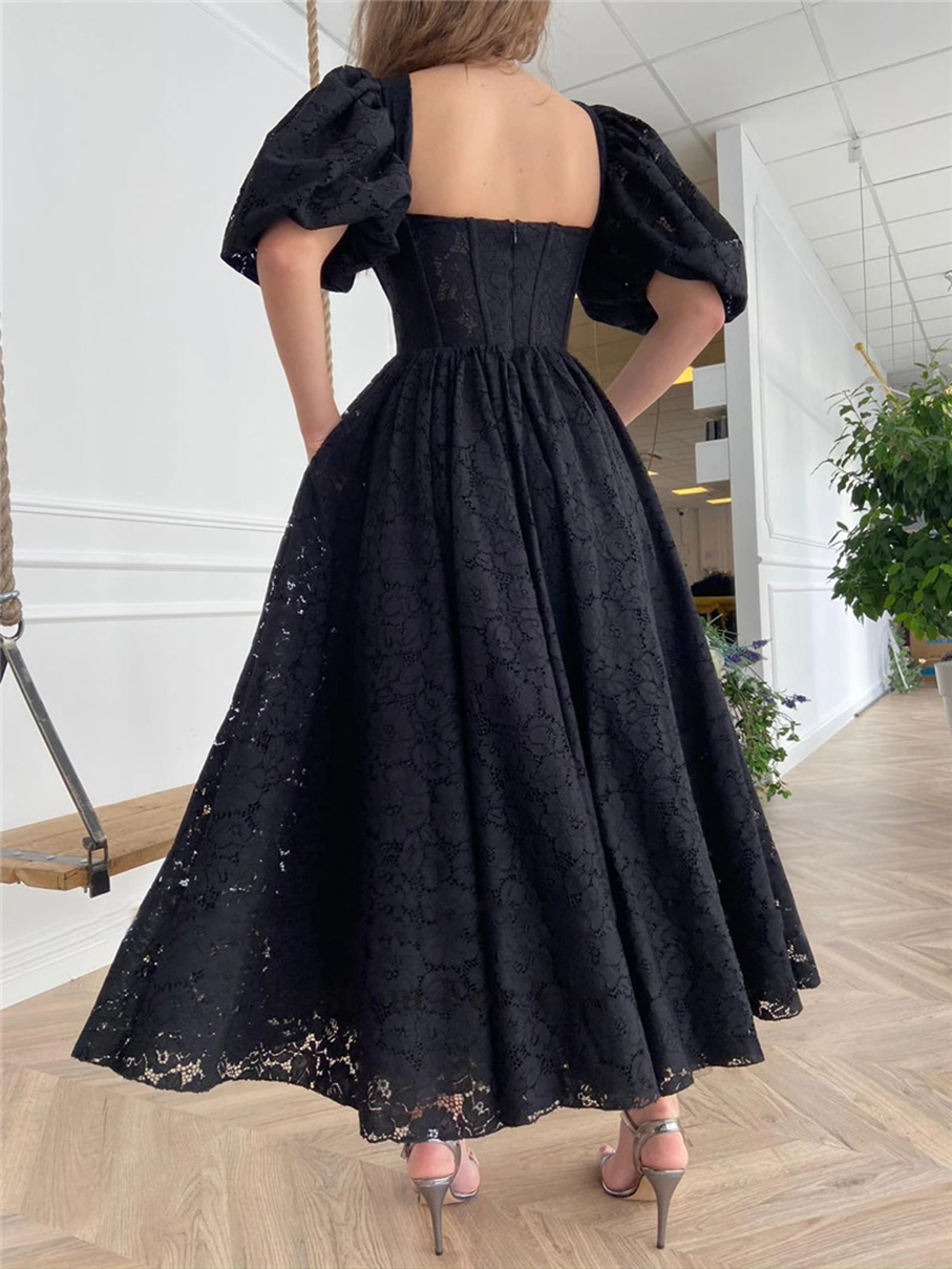 2021 Black Full Lace Evening Party Dresses With Half Puff Sleeves Heart Shape Neck Buttons Front Ankle Length Prom Gown