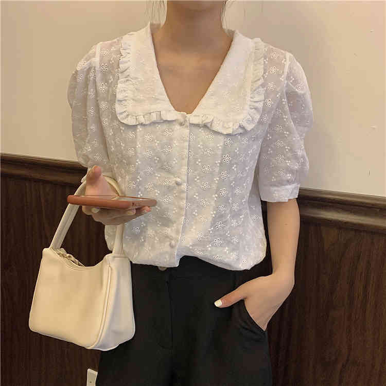 Embroidery Oversize Women Blouses Summer Tops Femme Casual Womens Shirt Short Sleeve Cotton Girls Blouse Plus Size Blusas 210417Z