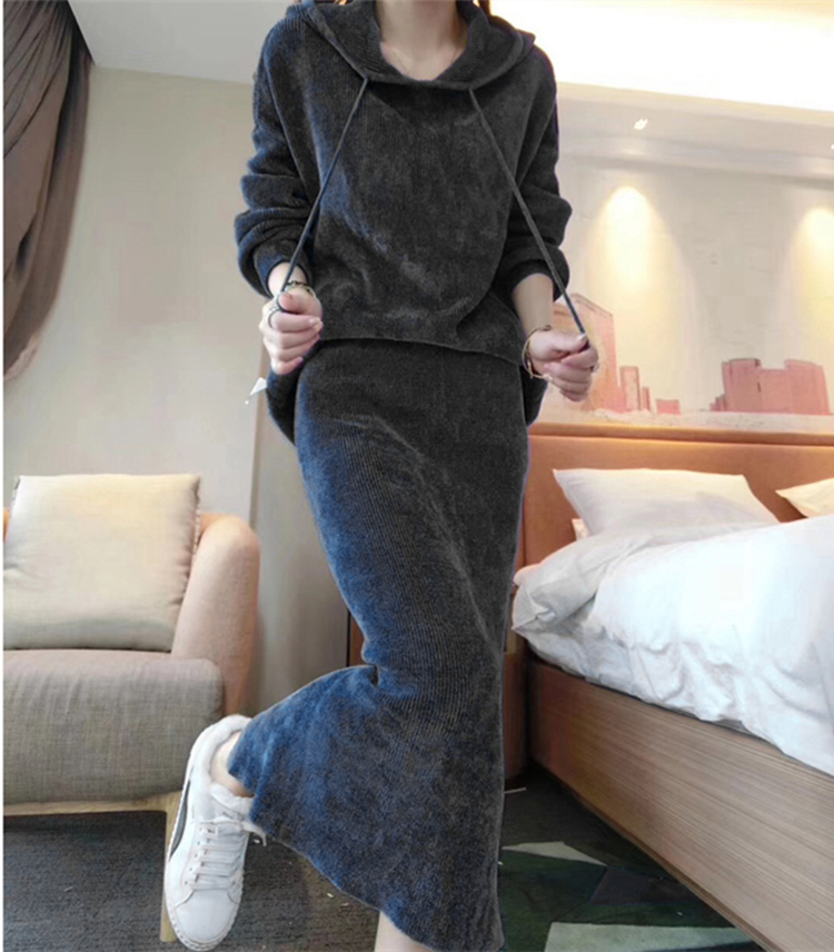 Fashion Autumn Women Two Piece Set Ladies knitting Hooded pullover Tops+high waist Midi Skirt Casual 210519