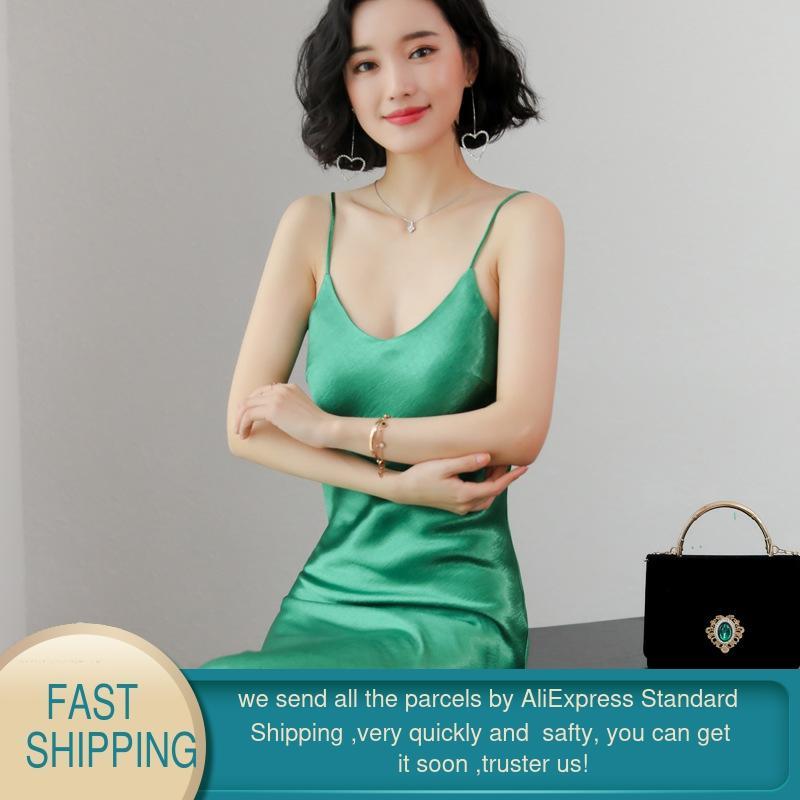 Summer Dress Women Party Sexy Midi White Black Red Long V-neck Casual Korean Satin Silk Dresses 210428