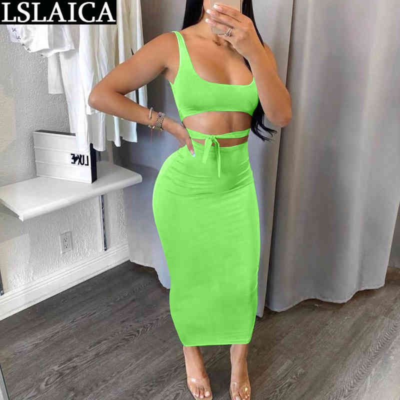 Summer Two Piece Set Women Solid Color Sling Tops and Long Skirt Sleeveless Lace Up Casual Backless 2 210520