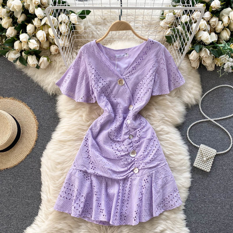 LFL Summer Casual Chic Streetwear Mini Dress Women Hollow Ruffles Dress Korean V Neck Short Sleeve Button A-line Dresses 210521