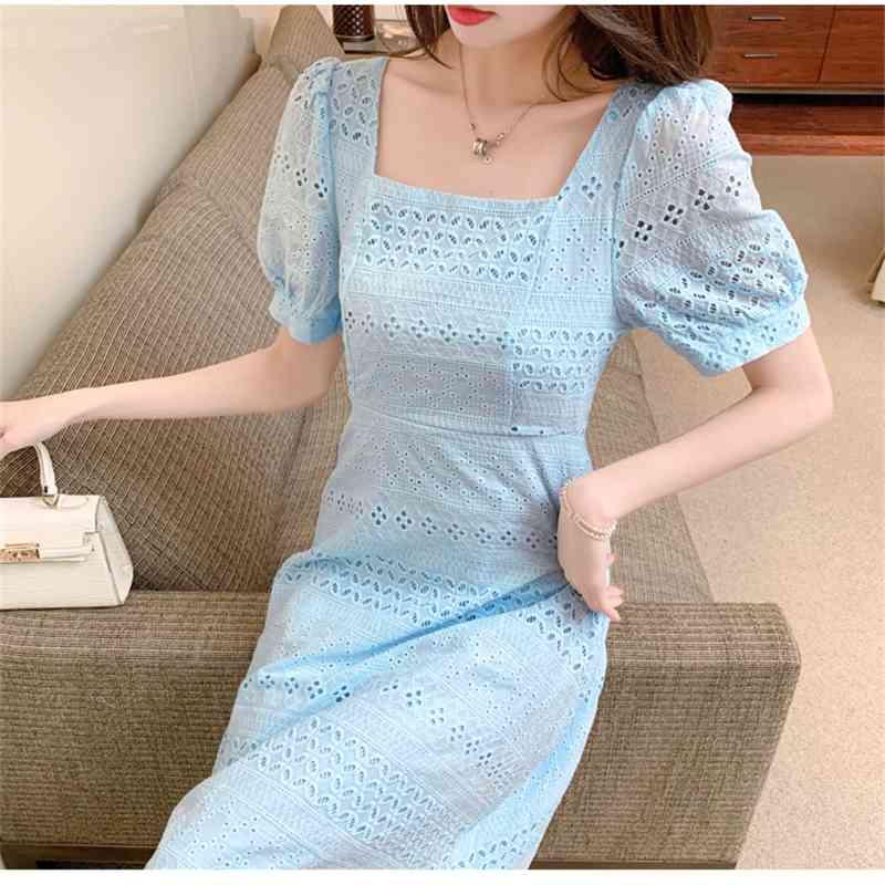 Retro Square Collar Slim Waist Women Summer Dress Elegant Puff- Sleeve White Female Lace Hollow Out Embroidery 210520