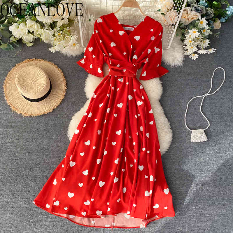 Print Elegant A-line Vestidos V Neck High Waist Fashion Korean Vintage Dresses Short Sleeve Summer Dress Women 210521