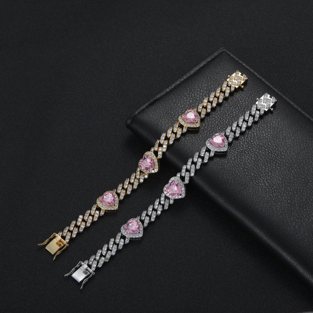 10mm Love Heart Charm Bling Cuban Chain Bracelet Pink Iced Out Cubic Zirconia Brass CZ Stone Hip Hop Luxury Jewelry for Women Punk Party Lover Gifts W