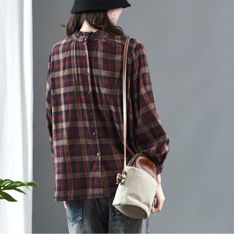 Spring Autumn Arts Style Women Long Sleeve Loose Blouse Femme Tops Vintage Plaid Cotton Linen Shirts high quality V201 210512
