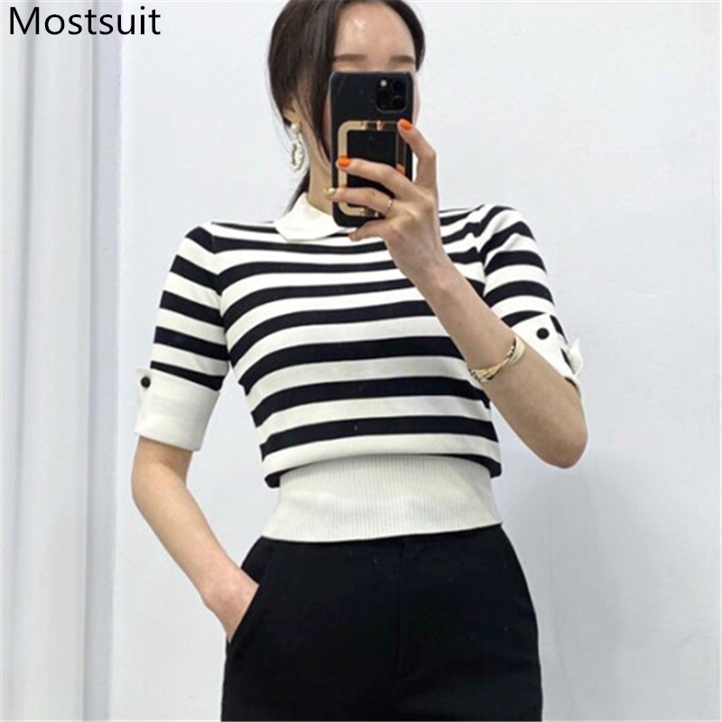 Summer Korean Striped Knitted Tops T Shirts Women Short Sleeve Turn-down Collar Pullovers Casual Fashion Office T-shirts 210518, White
Summer Korean Striped Knitted Tops T Shirts Women Short Sleeve Turn-down Collar Pullovers Casual Fashion Office T-shirts 210518, White