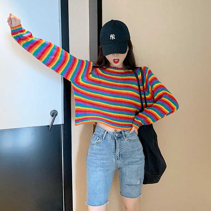 Korean Rainbow Knitted Sweater Women Runway Jumpers Loose Women's Clothes Autumn Plus Size Casual female Top Pullovers 210812