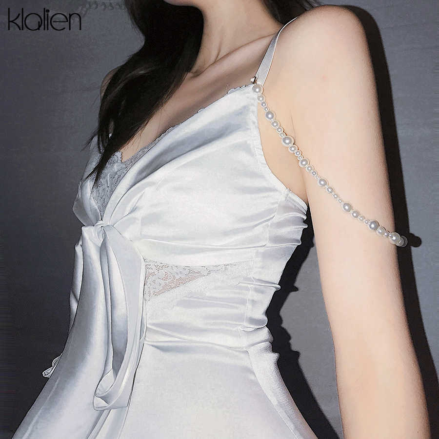 KLALIEN Fashion Elegant Bow Cute Sweet Lace Up White Women Dress Summer Pearl pendant V Neck A-Line Sling Mini Dress 210630