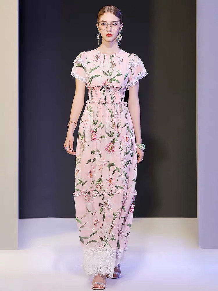 Plus Size Summer Women'S Bohemian Fashion Casual Beach Lily Print Elegant Lace Stitching Chiffon Party Dresses Chic 210421