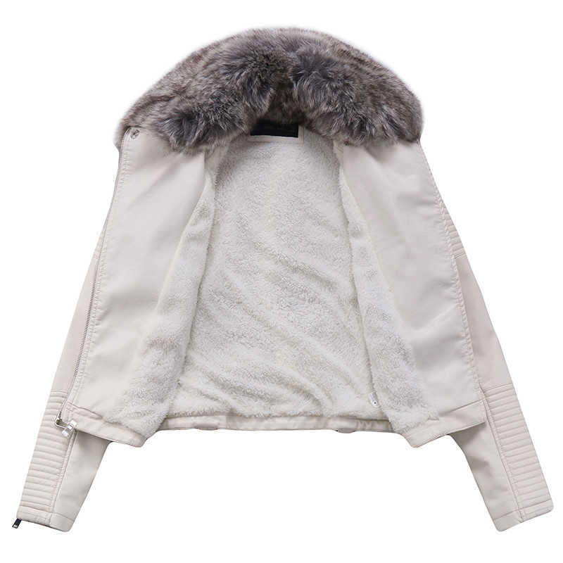 Fitaylor Women Winter Warm Faux Leather Jacket Coat With Fur Collar Female Pink Pu Motorcycle Jacket Biker Punk Black Outerwear 210908
