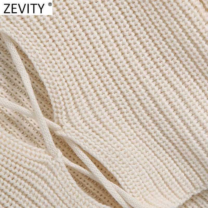 Zevity Women Solid Color Short Knitting Sweater Femme Chic Summer Sexy Backless Lace Up Casual Slim Pullovers Crop Tops SW830 210603