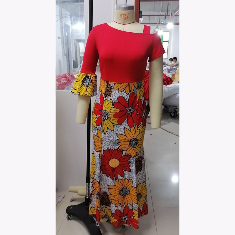 Africa Office Lady Dress Kaftan Floral Print African Dresses for Women Single Shoulder Maxi Dresses Women's African Clothing 5XL 210408