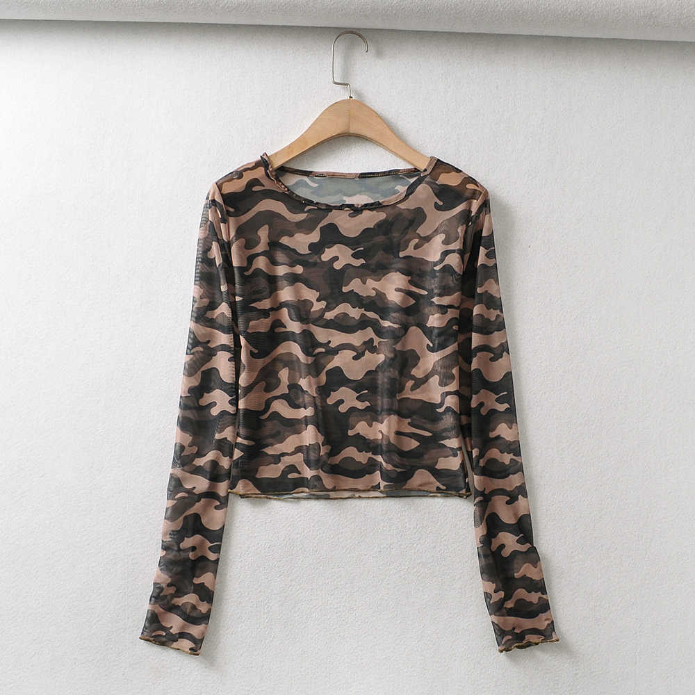 XITIMEAO Womens Spring Autumn Lightweight Camouflage Printing Crop Tops Comfort Skinny Long Sleeve Sexy Mesh Perspective T-Shirt 210602