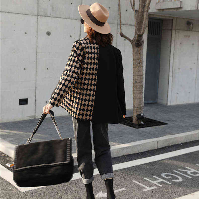 [EAM]Women Vintage Black Plaid Stitching Blazer Lapel Long Sleeve Loose Fit Jacket Fashion Spring Autumn 1DA745 211120